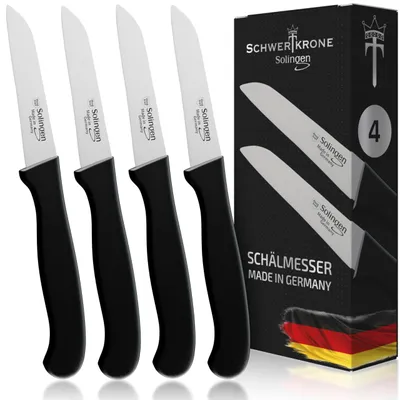 Produktbild von Schwertkrone® Schälmesser 4er Set [ SOLINGEN - GERMANY] - Gemüsemesser Obstmesser - Küchenmesser klein scharf - Schneidemesser Kartoffelschälmesser - Allzweckmesser rostfrei (4x 3 gerade)