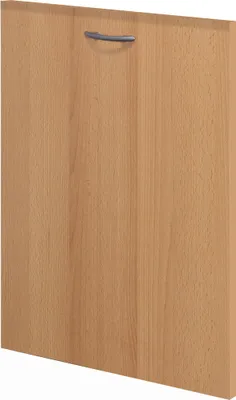 A close-up, isolated view of a wooden cabinet door with a metallic handle.