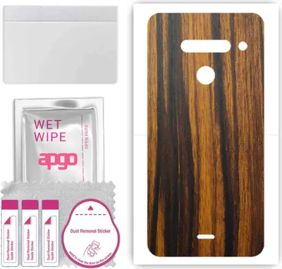 A product shot of a phone skin with wood grain texture, along with cleaning accessories.