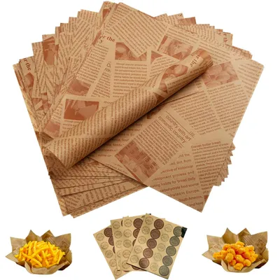Produktbild von 100 Blatt Feinkostpapier, Geschenkpapier für Schnellrestaurants, Backpapier, Zeitungsoptik, 20 x 25 cm, fettdichtes Papier mit 100 Verschlussaufklebern, Sandwichpapier