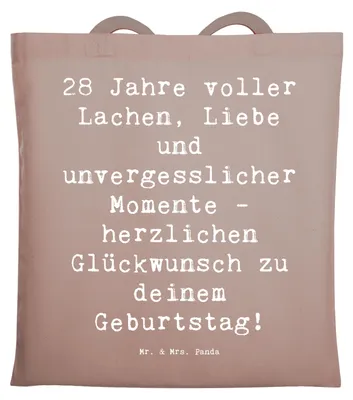 Produktbild von Mr. & Mrs. Panda Uni Tasche Spruch 28. Geburtstag Erinnerungen - Braun Pastell - Geschenk, Zeiteisen, Laptoptasche, Baumwolltasche, Beutel, Lachen, Geburtstagsgeschenk