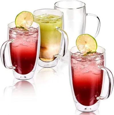 Imagen del producto de Juego de 4 vasos dobles para Latte Macchiato de la marca Unyqoos®, capacidad de 500 ml, fabricados en vidrio de borosilicato, dimensiones 2,5 x 14,5 cm, resistentes al calor y al frío (-20° a 150°C)
