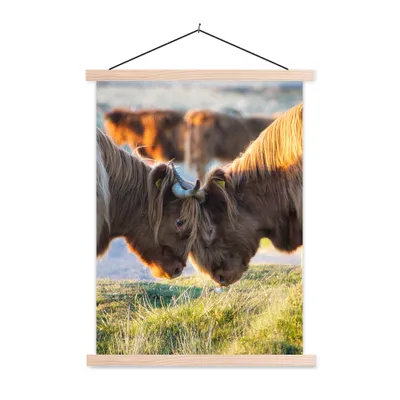 Produktbild von MuchoWow® Textilposter Schottische Highlander - Tiere - Sonne 40x53 cm mit holzfarbenen Rahmen - Schlafzimmer