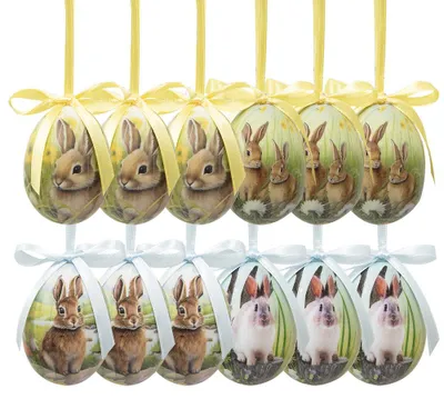 Imagen del producto de Conjunto de 12 colgantes de Pascua de Clayre & Eef, con forma de huevo, de 4x5 cm de diámetro, en varios colores, fabricados en plástico