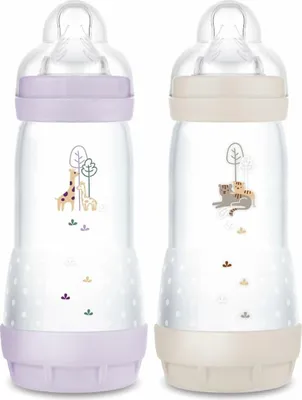 Produktbild von MAM Easy Start Anti-Colic Babyflasche, 4+ Monate, schneller Durchfluss (2 x 320 ml) Flieder + Sand – Flasche zur Reduzierung von Koliken und Beschwerden des Babys – Babyflasche zum Stillen geeignet