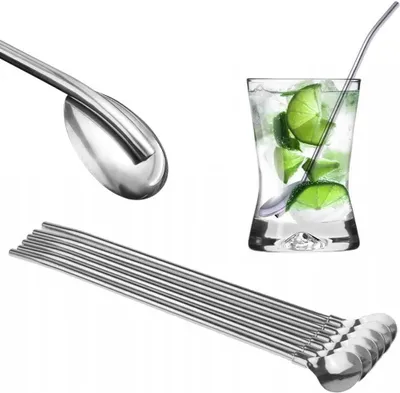 Zdjęcie produktu dla TG56226 SŁOMKI METALOWE ŁYŻECZKI łyżki DŁUGIE do KAWY I DRINKÓW LATTE DESERÓW