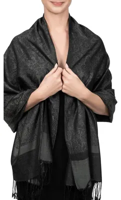 Immagine prodotto di Sciarpa-stola Pashmina da donna, motivo floreale, 190x70 cm, viscosa, colore nero