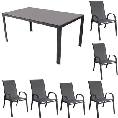 Produktbild von Gartenmöbel Set Metall Tisch 6 Stapelsessel Essgruppe Gartenset Sitzgruppe Stuhl anthrazit
