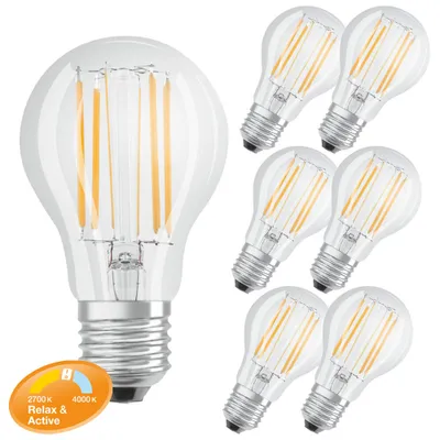 Image de 6 ampoules à filament LED Osram Relax & Active Classic A 8 W = 75 W E27 claires 1055 lm blanc chaud et blanc froid 2700 K et 4000 K