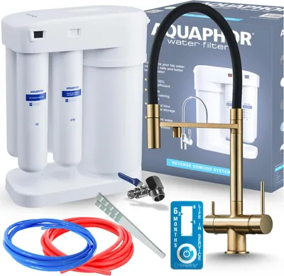 Obrázek produktu pro 3cestná kuchyňská baterie Ari HighFlex s přípojkou pro filtr vody, výsuvnou sprškou, otočnou o 360°, kartáčované zlato
