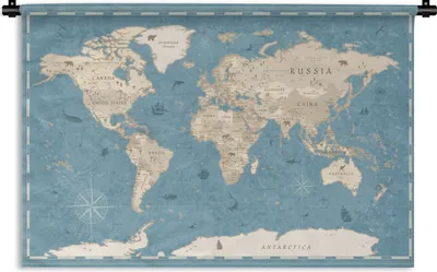 Produktbild von MuchoWow® Wandteppich Wandbehang Weltkarte - Vintage - Blau 120x80 cm Tapisserie Dekoration Wandtuch - Wanddekorationen - Wandtücher
