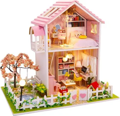 Zdjęcie produktu dla Habarri | Miniaturowy Domek - DIY Domek dla Lalek - Drewniany Domek z Meblami i Oświetleniem LED - Prezent dla Dzieci - Między Nami Dziewczynami