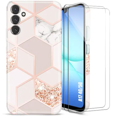 Image de Coque + 2 Verres Trempés pour Samsung Galaxy A17 4G/5G, Protection Anti-Rayures Motif Marbre Rose