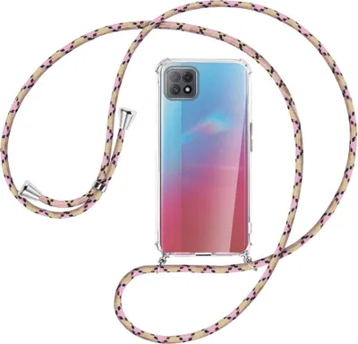 Produktbild von Handykette Backcover-Schutzhülle mit Band (Metall silberfarben) für Oppo A73 5G - rosa Karo
