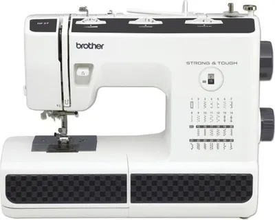 Obrázok produktu pre Elektromechanický šijací stroj Brother HF27, Strong & Tough, pre hrubé materiály, 27 stehov, 1-kroková gombíková dierka, LED osvetlenie, nožný pedál, 850 otáčok za minútu, biely