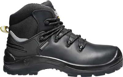 A black work boot is shown against a white background.