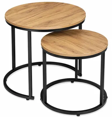 Produktbild von 2er Set Couchtische rund – Schwarz / Holzoptik Craft – Nesting Beistelltische 53/43 cm – Loft Design, KI-generiertes Bild