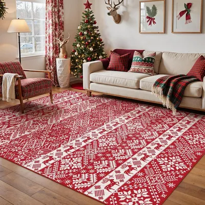 Produktbild von Weihnachtsteppich 160x230 cm Schneeflocke Elch Rot Waschbar rutschfest Kurzflor Teppich