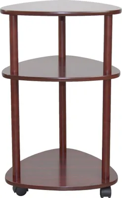 A three-tiered corner shelf unit with wheels.