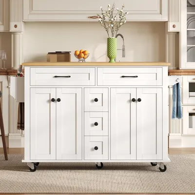 Imagen del producto de Carro de cocina con superficie de trabajo extensible, dimensiones 140x65x89 cm, cinco cajones, dos armarios, ruedas, color blanco y acabado natural