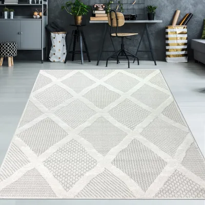Produktbild von Schlafzimmer Wohnzimmer Teppich mit verschieden gemusterten Rauten in creme grau Größe - 160 x 230 cm