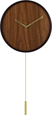 A minimalist wooden pendulum clock with gold hands against a white background.