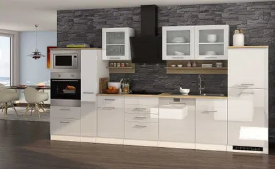 Produktbild von Küchenblock Mailand 370 cm weiß hochglanz mit Geschirrspüler Glaskeramik Kochfeld Backofen Mikrowelle Kühlschrank Apotheker