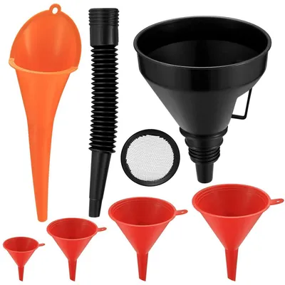 Obrázek produktu pro Sada trychtýřů, 6 kusů, flexibilní plast, pravoúhlé, odnímatelná výpusť, barvy: červená/oranžová/černá