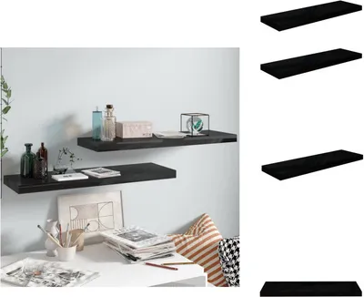 Two black floating shelves mounted on a light blue wall, decorated with various items including bottles, a box, a decorative cube, and books. A desk with more items is visible below.