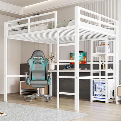 Produktbild von Hochbett 140x200 cm mit Schreibtisch, Regalen, Steckdose, USB, USB-C, Treppe und Sicherheitsgeländer, Metallbett mit Stauraum, Weiß