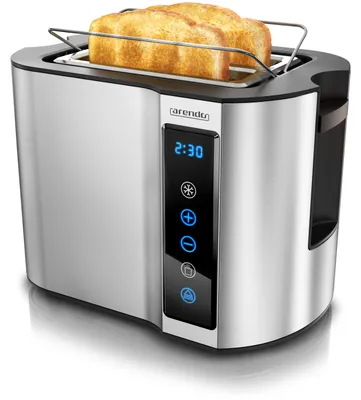 Zdjęcie produktu dla Arendo - Toster na 2 kromki z panelem dotykowym ze stali nierdzewnej - 800 W - dwuścienna obudowa - zintegrowany stojak na bułki - 7 poziomów przyrumienienia - centrowanie kromki chleba - wskaźnik pozostałego czasu - funkcja pamięci - srebrny
