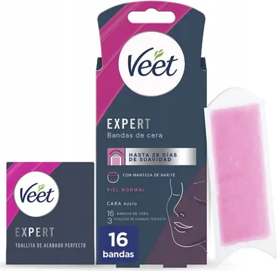 Produktbild von Veet Expert Gesichts-Wachsstreifen PURE – Sanfte Haarentfernung für normale Haut, bis zu 28 Tage glatte Haut (16 Stück)