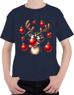 Produktbild von Lustiges Rentier Rudolph Rote Nase Brille Weihnachtskugeln Uni Kinder T-Shirt, Navy, 104