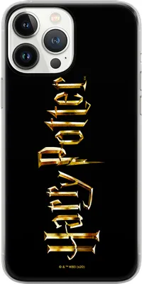 A black iPhone case with the golden Harry Potter logo printed vertically on it.