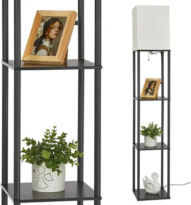 Zdjęcie produktu dla Lampa stojąca – lampa podłogowa z półkami – oświetlenie salonu – z 3 półkami – wysokość 158 cm – kolor czarny