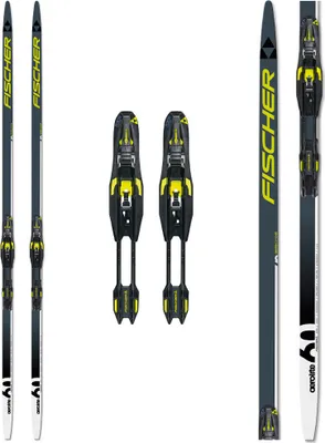 A pair of cross-country skis and bindings are displayed against a white background.