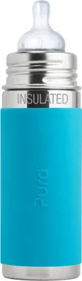 Produktbild von Pura Kiki Babyflasche mit Sauger Isolierflasche, Edelstahl mit Silikonhülle Sleeve, 250 ml, plastikfrei Aqua