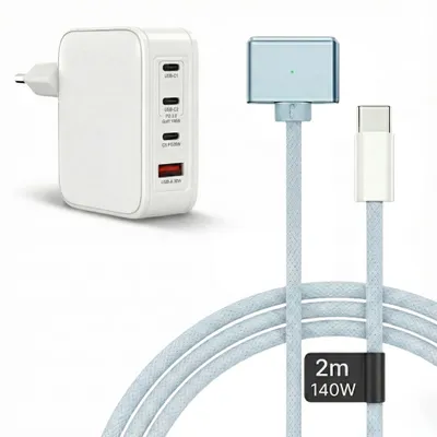 Produktbild von 120W USB C Ladegerät 4-Port + 140W MagSafe 3 Kabel Himmelblau 2m für MacBook Pro Air M1 M2 M3 M4 M5 – Netzteil Adapter 3x USB-C 1x USB-A