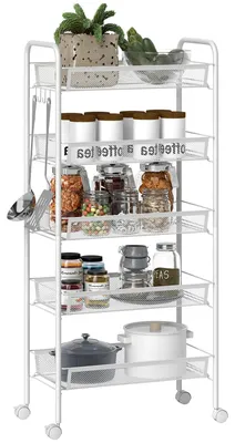 Obrázek produktu pro Koupelnový vozík – úložný vozík – 5 košíků – 4 háčky – 4 kolečka – 45 x 26,5 x 106 cm – bílý