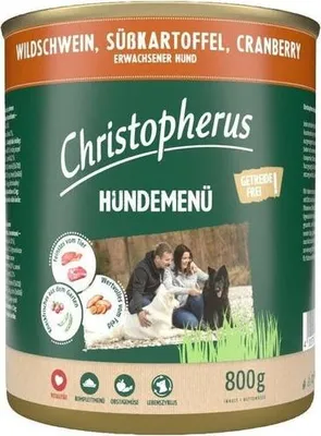 Produktbild von Christopherus Hundemenü mit Wildschwein, Süßkartoffel, Cranberry 800g, Adult, jede Rasse, Wildschwein, Cranberry, Süßkartoffeln, 800 g