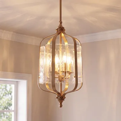 Zdjęcie produktu dla Lampa wisząca, złota, w stylu vintage, średnica 27 cm, regulowana wysokość. Idealna jako lampa nad stół w jadalni, do kawiarni, salonu, kuchni, sypialni lub przedpokoju