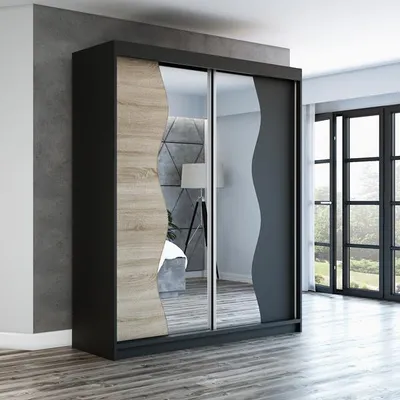Produktbild von Schwebetürenschrank, 2-türig Schrank mit Spiegel! Moderne Garderobe für Kleidung. Verschiedene Farben (Weiß, Schwarz, Somona) Kleiderschrank RIMA 180 cm