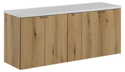 Image de Ensemble de salle de bain suspendu VANO aspect chêne et blanc 140cm : meubles sous vasque à placards + plan pour vasque