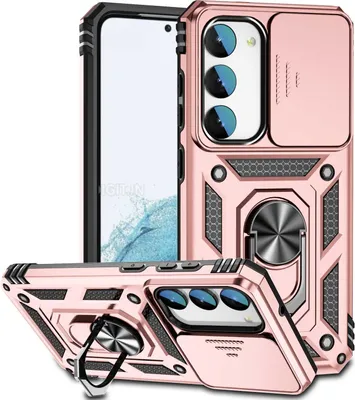A rose gold phone case with a sliding camera cover and a ring holder is shown from a diagonal angle, with a second case visible in the background.