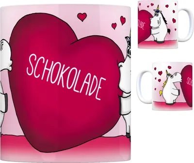 Produktbild von Einhorn Kaffeebecher mit Herz Motiv und Spruch: Schokolade Tasse Kaffeetasse