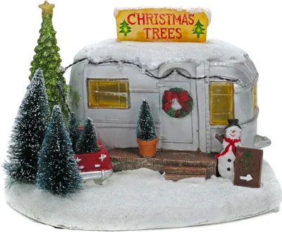Produktbild von LED-Weihnachtsstadt, verschneiter Camper mit Weihnachtsbaum-Verkauf, beleuchtet von 10 LEDs, multicolor, winterliche Weihnachtsszene, An-/Aus-Schalter, Indoor, Batteriebetrieb