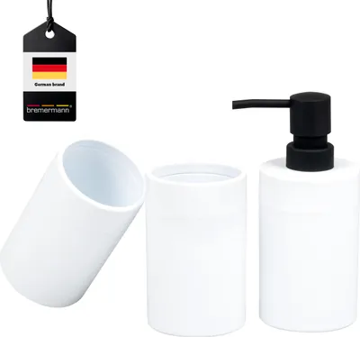 Obrázek produktu pro Sada koupelnových dopl?k? Bremermann SAVONA 3dílná s m?kkým povrchem, 1x dávkova? mýdla, 2x kelímky, bílý plast