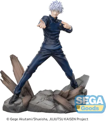 A figurine of Satoru Gojo from Jujutsu Kaisen standing on a rocky base.
