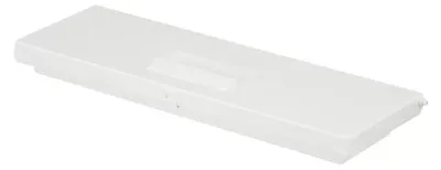 A white plastic refrigerator drawer with a lid.