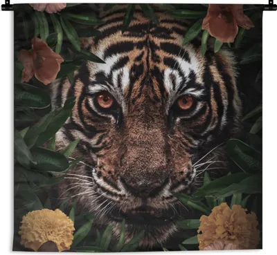 Produktbild von MuchoWow® Wandteppich Wandbehang Tiger - Dschungel - Blumen 150x150 cm Tapisserie Dekoration Wandtuch - Wohnaccessoires - Modernes